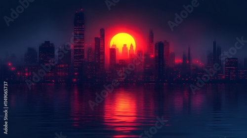 Cityscape Silhouette at Sunset Over Water