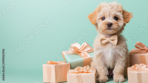 ギフトボックスに囲まれたリボン付きの子犬