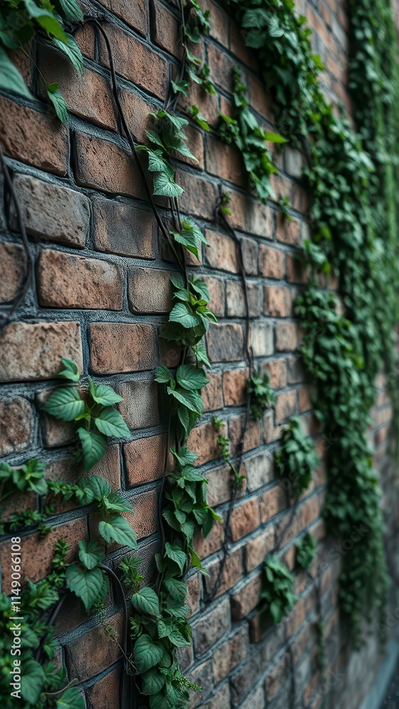 Fototapeta premium A close-up shot of a worn and weathered brick wall with vines growing on it , decay, patina