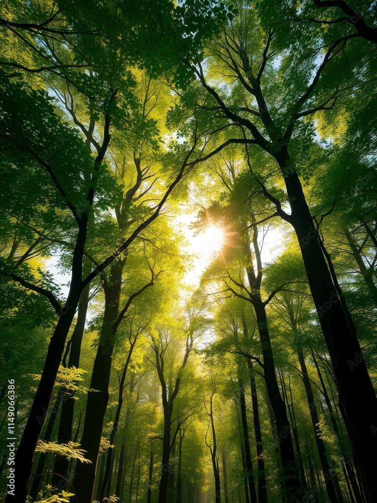 Naklejka premium A leafy green forest canopy with sunlight filtering through, earthy tones, foliage, light natural linen texture