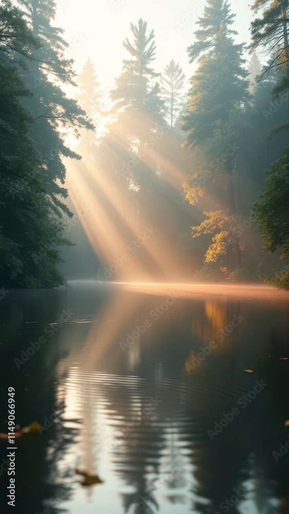 Blurred image of a forest pond with surrounding trees and foliage, natural scenery, leafy vegetation Blurred image of a forest pond with surrounding trees and foliage, natural scenery, leafy vegetation