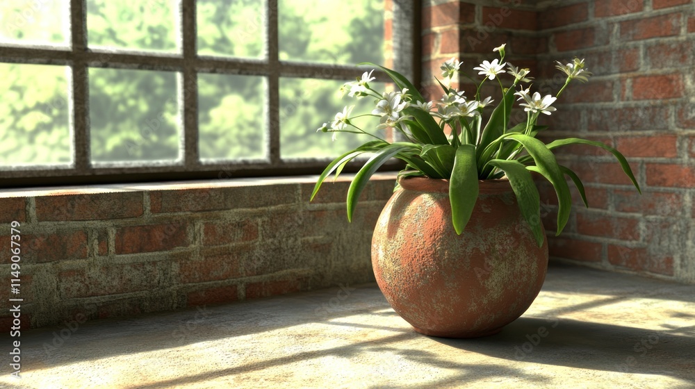 Sunlit flowers in rustic pot by window.