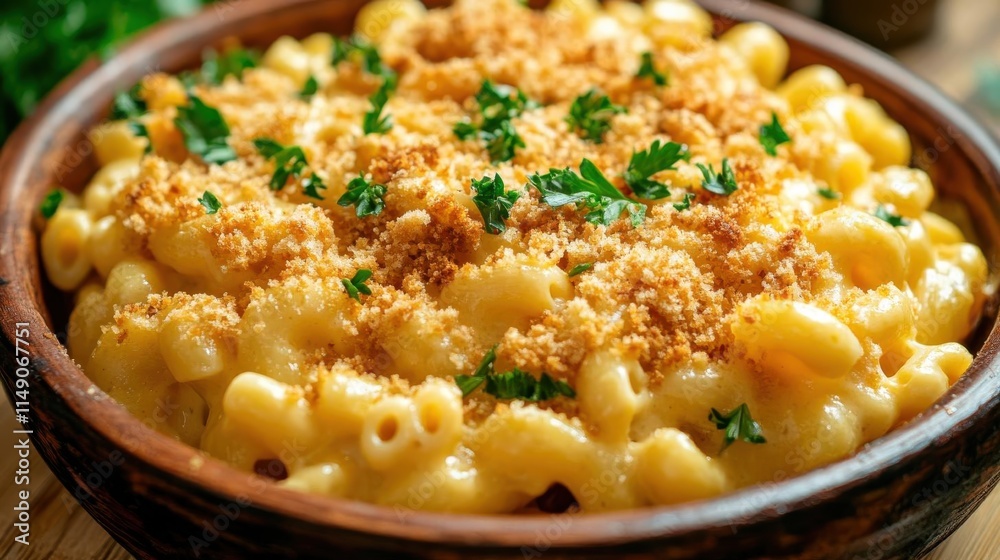 A delicious serving of macaroni and cheese topped with breadcrumbs and parsley. A delicious serving of macaroni and cheese topped with breadcrumbs and parsley.