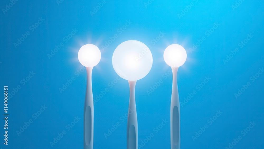 Glittering bright light elements on a blue background surrounded by clean and strong white toothbrushes, blue backdrop, glittery effect, dental hygiene products, clean teeth Glittering bright light elements on a blue background surrounded by clean and strong white toothbrushes, blue backdrop, glittery effect, dental hygiene products, clean teeth