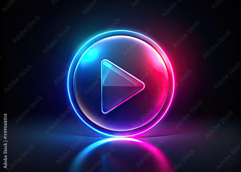 Fototapeta premium Abstract art: Pink, red, blue gradient backdrop with a vibrant, glowing play button.