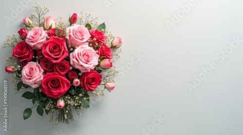 Elegant bouquet of pink and red roses with delicate greenery on a light backdrop, symbolizing love and romance. Copy space