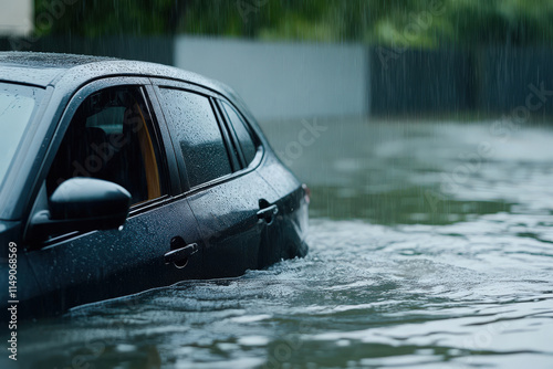 Black car partially submerged in floodwaters during heavy rain, illustrating the impact of extreme weather on urban environments and transportation safety