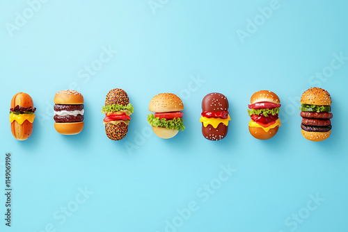 Miniature Burgers and Hotdogs on a Light Blue Background photo