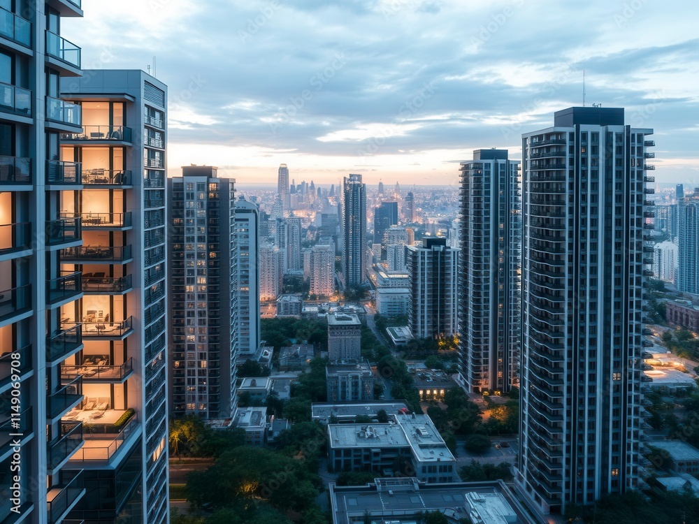 Obraz premium A beautifully lit apartment in a high-rise condo building overlooking the city skyline, real estate, urban