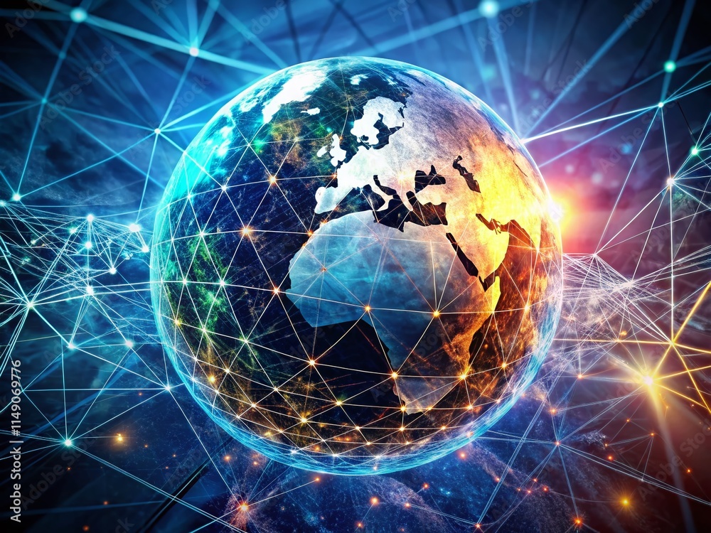 Global Network Connectivity: Panoramic View of Digital Globe with Abstract Square Patterns Global Network Connectivity: Panoramic View of Digital Globe with Abstract Square Patterns