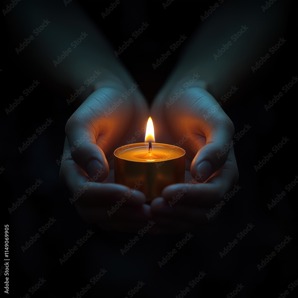 Hands hold small lit candle. Warm glow in dark. Symbol of hope. Spiritual moment. Focus on light. Simple, peaceful. Emotional image. Represents faith, prayer. Night scene. Candlelight illuminates. Hands hold small lit candle. Warm glow in dark. Symbol of hope. Spiritual moment. Focus on light. Simple, peaceful. Emotional image. Represents faith, prayer. Night scene. Candlelight illuminates.