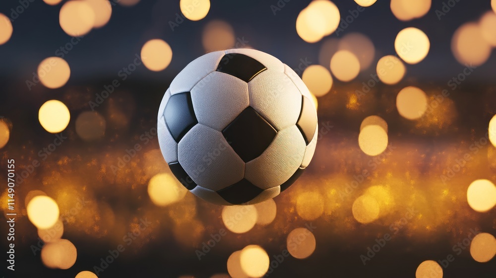 Naklejka premium Soccer ball in golden bokeh lights.