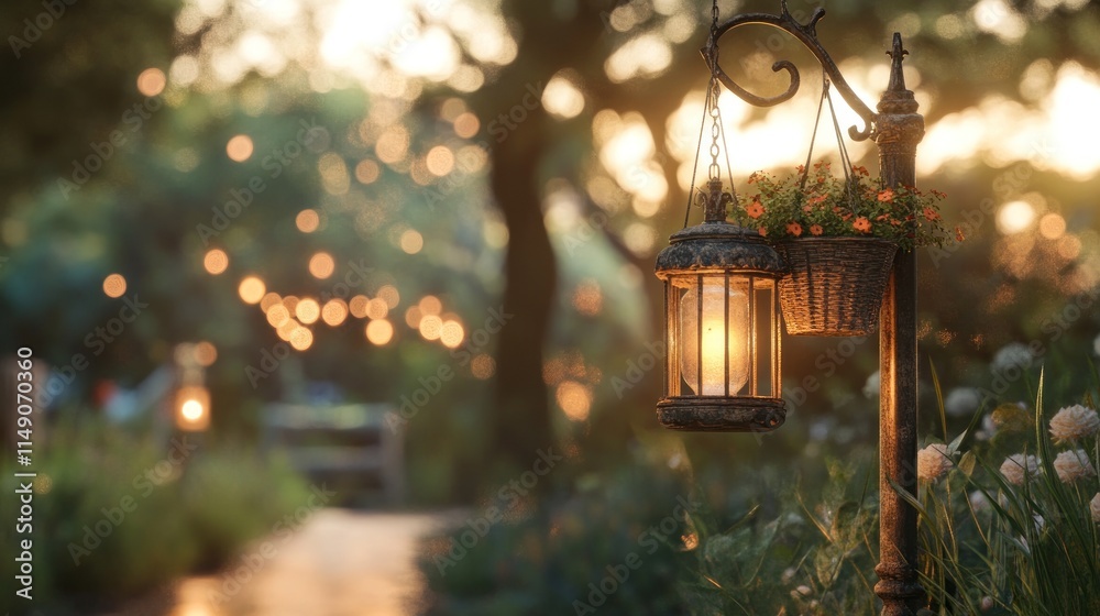 Garden lantern with flowers at sunset. Garden lantern with flowers at sunset.