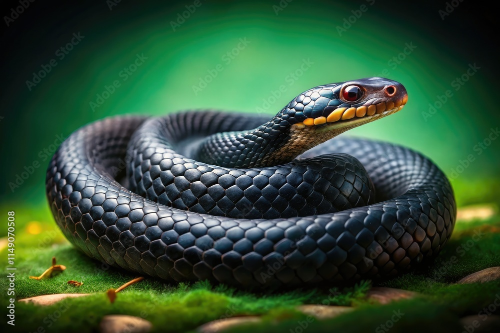 Obraz premium A coiled black Iberian snake, a vintage photo, stark against a dark green backdrop.