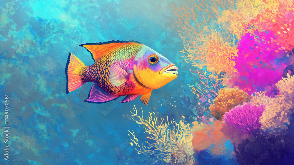 Naklejka premium Vibrant triggerfish swimming near colorful coral reef in bright ocean environment, artistic concept