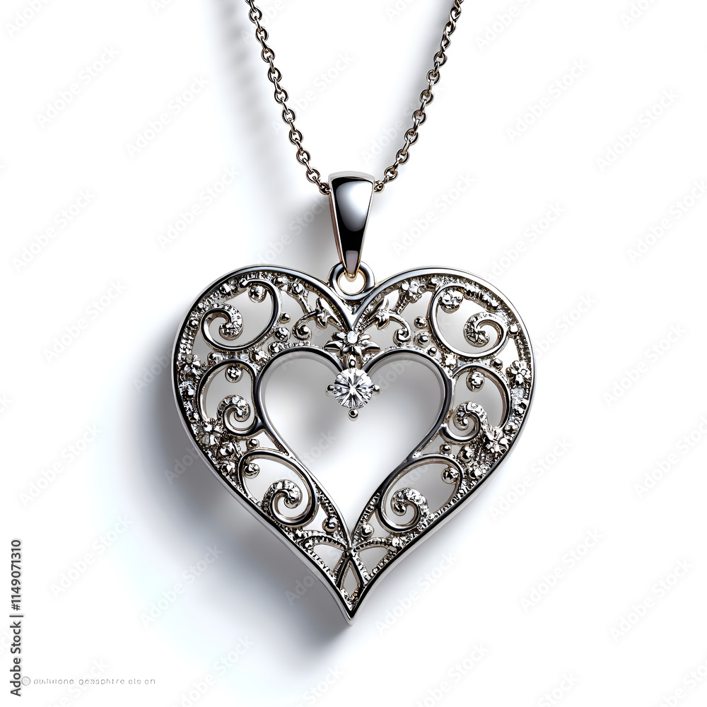Intricately crafted silver heart pendant necklace with diamond accents, digital art of jewelry design concept. Intricately crafted silver heart pendant necklace with diamond accents, digital art of jewelry design concept.