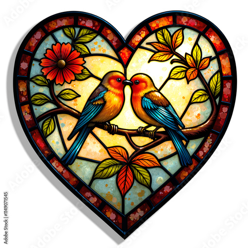 Colorful stained glass heart depicting two lovebirds in nature s embrace, digital art of stained glass concept. photo