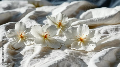 Delicate white blossoms placed on a soft linen fabric in natural light, showcasing their intricate details and beauty