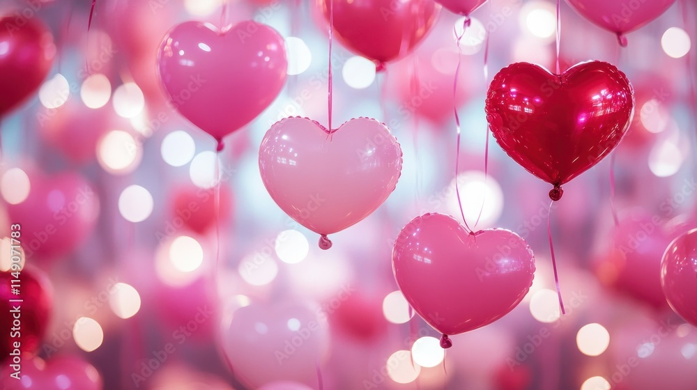 Pink and red heart-shaped balloons hanging against a bokeh background. Pink and red heart-shaped balloons hanging against a bokeh background.