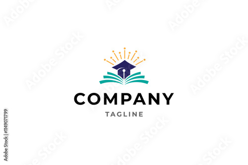 Education graduation logo with book symbol and glowing graduation cap in flat design