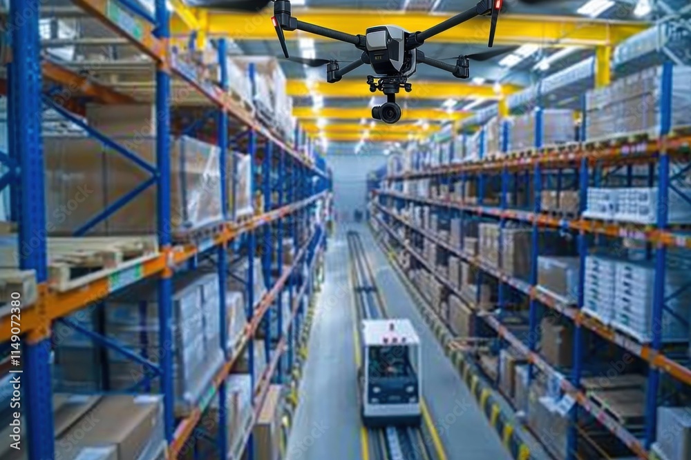 A drone navigating through a warehouse filled with stacked boxes and a delivery vehicle. A drone navigating through a warehouse filled with stacked boxes and a delivery vehicle.