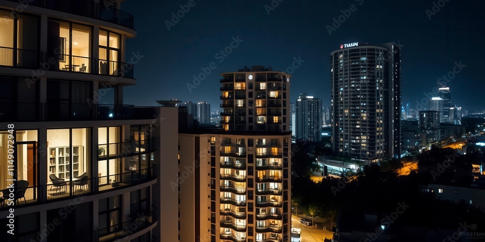 A high-rise condo building with one brightly illuminated apartment standing out among the rest, apartment, real estate A high-rise condo building with one brightly illuminated apartment standing out among the rest, apartment, real estate