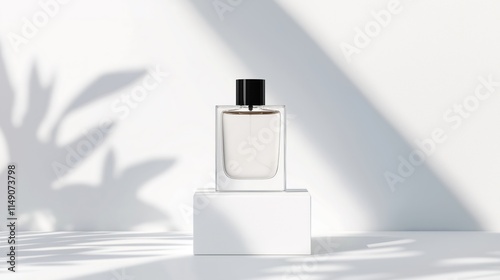 Empty white perfume bottle mockup sits on white podium against white wall with natural shadows. Minimalist design aesthetic. Modern luxury product presentation. Elegant, stylish. Empty glass bottle photo