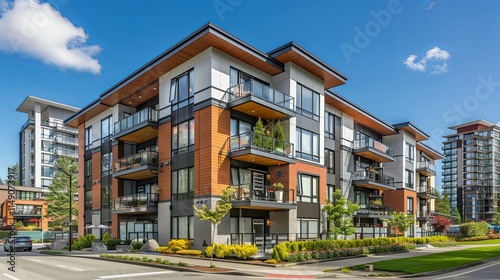 Modern Multi-Family Residential Building with Balconies and Landscaping