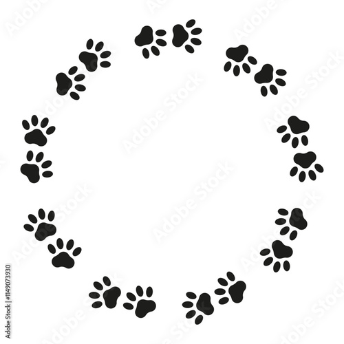 Cute round frame with dog paw silhouette for pet lover. Vector design. Decorative element for prints, banners, posters, packaging