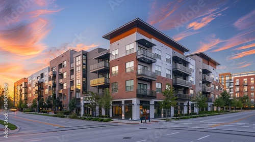 Modern Brick Apartment Buildings at Sunset, Urban Residential Complex photo