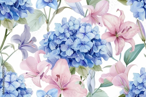 A floral pattern featuring blue hydrangeas and pink lilies on a light background.
