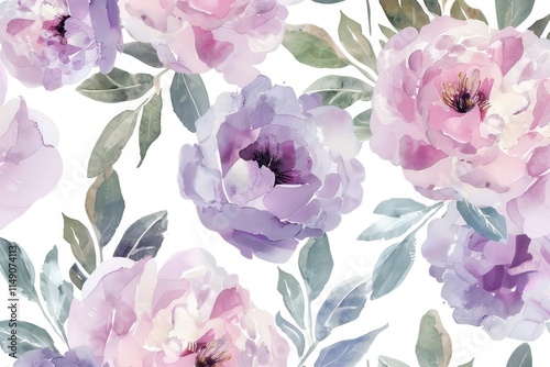 Fototapeta Naklejka Na Ścianę i Meble -  A floral pattern featuring soft pink and purple watercolor peonies and green leaves.