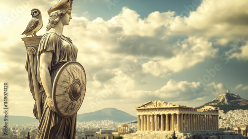 Majestic Marble Statue of Athena in Ancient Greek Style with the Parthenon in the Background photo