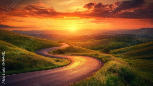 Wallpaper Mural Serene winding road through lush green hills during a vibrant sunset over rolling landscapes with dramatic clouds casting warm light on the scenery Torontodigital.ca