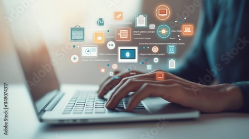 Person types on laptop. Tech skill gap analysis displayed as icons. Training, competency enhancement in progress. Modern tech workplace concept. Focus on manpower development, solution planning.