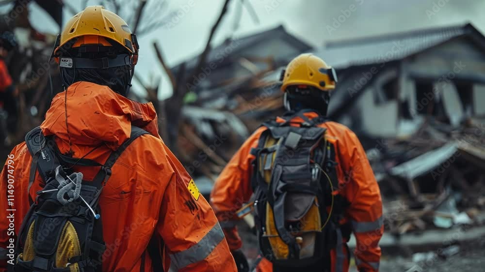 Two rescue workers wearing orange protective gear and helmets are walking through a disaster zone. Assessing the damage after a natural disaster. With debris and destroyed buildings in the background