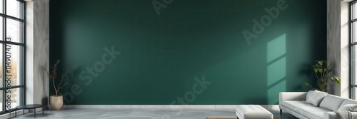 Minimal living room with dark green concrete texture wall, sleek furniture, geometric shapes, natural lighting, modern design, dark green, sleek, wall