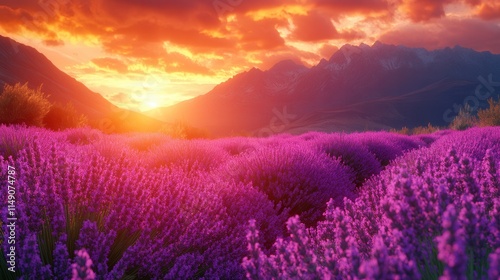 A vibrant lavender field under a dramatic sunset, showcasing nature's beauty and tranquility.