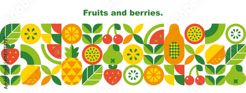 Fruits, berries, leaves and slices.Abstract geometric background. Banner template. Set of vector icons in simple flat style. Seamless border. Isolated elements. 
