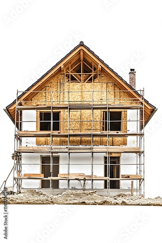 house under construction with scaffolding isolated on white background photo