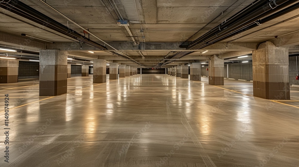 Naklejka premium Empty, modern underground parking garage with polished concrete floor and columns.