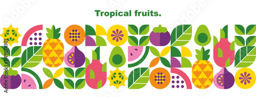 Tropical fruits, leaves and slices.Abstract geometric background. Banner template. Set of vector icons in simple flat style. Seamless border. Isolated elements. 