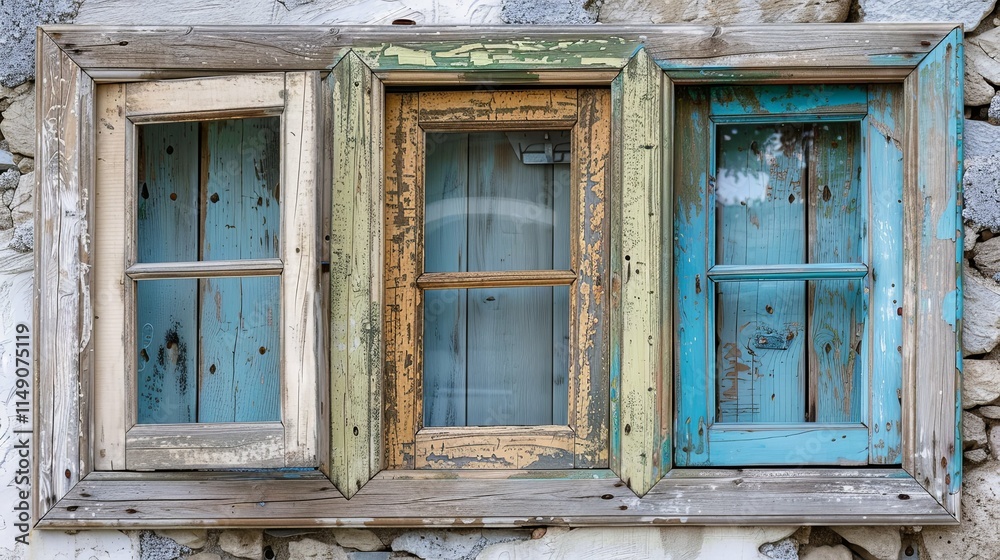 Obraz premium Triptych of weathered, multi-colored wooden window frames in a stone wall.