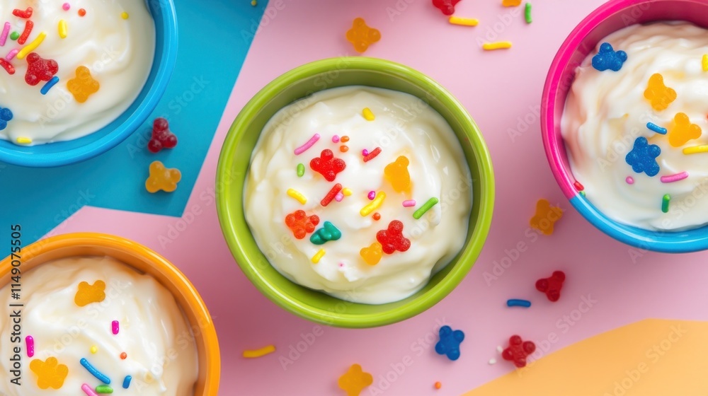 Colorful bowls of yogurt with sprinkles. Colorful bowls of yogurt with sprinkles.