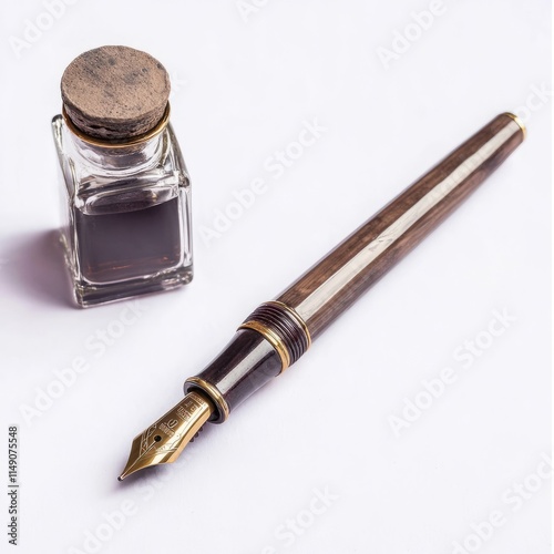 A vintage fountain pen with an ink bottle on a white background
