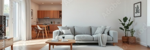 Scandinavian apartment interior with a cozy gray couch, white walls, wooden floors, and soft throw pillows, wooden, stylish, apartment