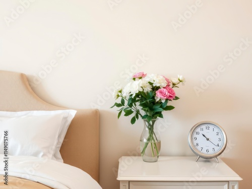 Stylish bottle vase with flowers on trendy nightstand in beautiful bedroom with emerald green bedding, interior, beige, nightstand photo