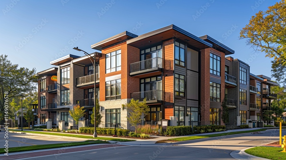 Modern Brick Apartment Building with Balconies on a Sunny Day Modern Brick Apartment Building with Balconies on a Sunny Day