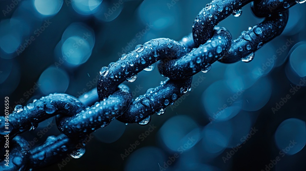 Droplets glitter in this close-up of a wet chain, capturing a moment of strength and resiliency in the cold blue Droplets glitter in this close-up of a wet chain, capturing a moment of strength and resiliency in the cold blue