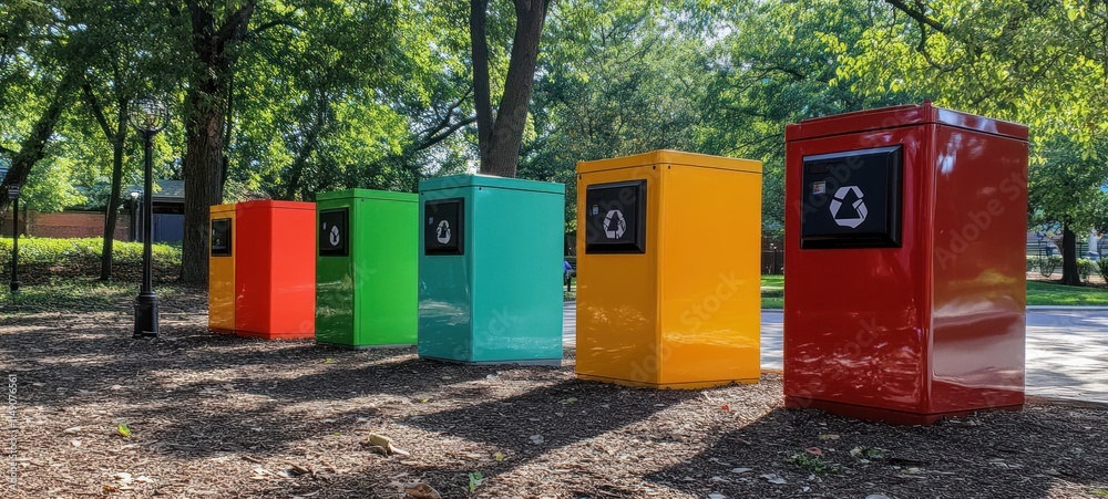 Colorful recycling bins in a park. Colorful recycling bins in a park.